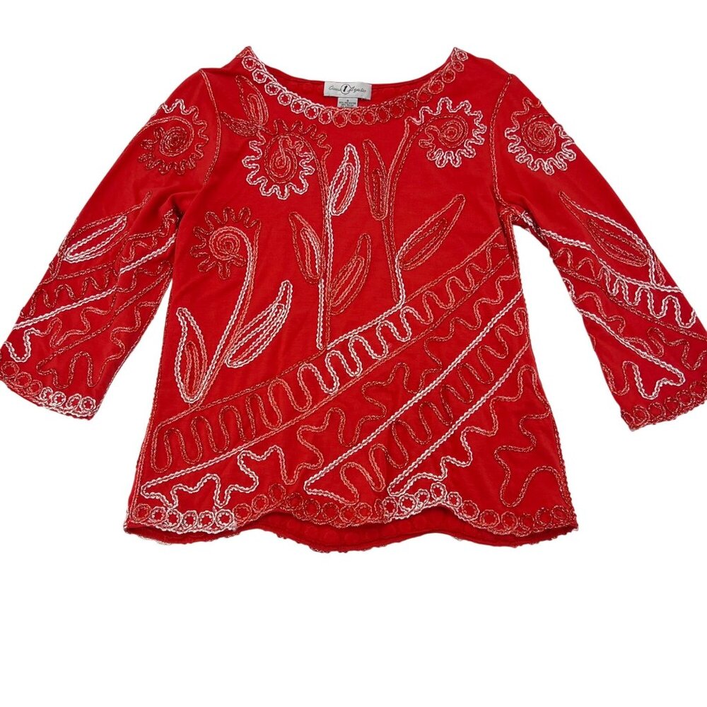Once 1 Again Vintage Women's size Small Top embroidered beaded Red‎ 3/4 sleeves